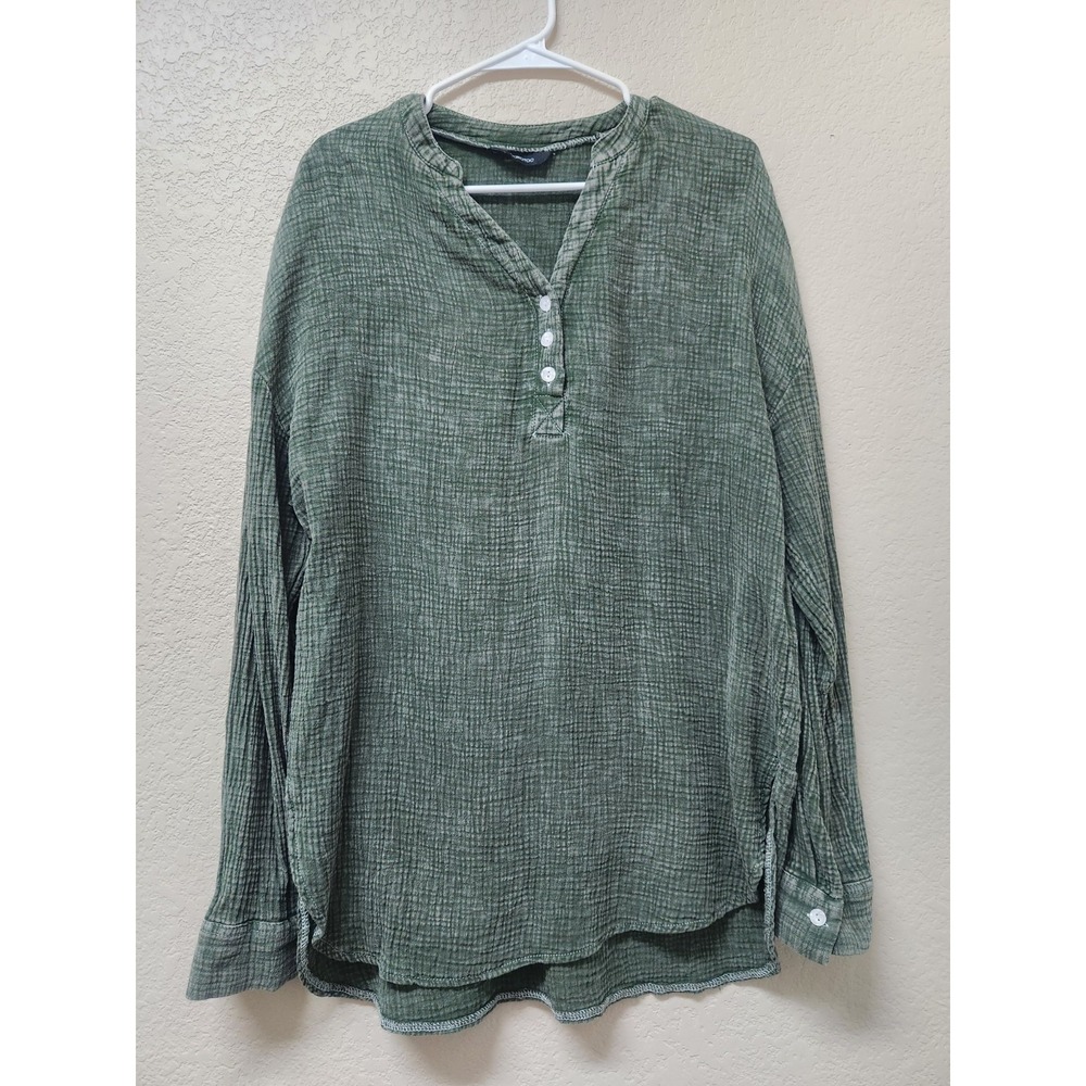 Dokotoo Women's Army Green Cotton Gauze Henley Shirt Size M - Casual Olive Long